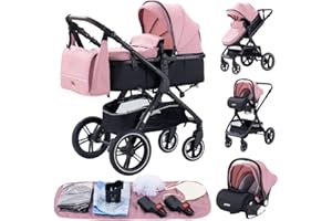 GLOKID Carrito bebé 3 Piezas, Carro, Carrito bebé 3 en 1, Silla Paseo, Sistema de viaje, Plegable, neumáticos de caucho, Con accesorios, Góndola, Adaptateurs 25 kg (Rosa)