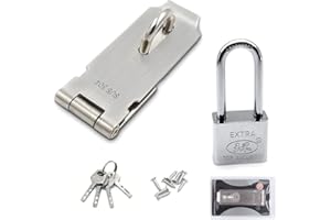 WJUAN 5.5 Pollici Lucchetto Porta Hasp Set- Padlock Hasp con Vite, con Lucchetto ad Arco Lungo- 4.7 mm Grillo Spessore- 4 Chiavi, Adatto per Porta Accessori (Argento)