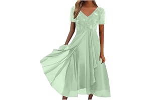 YAOJIWANG Robe Cocktail Mariage Robe Longue Femme Robe Mousseline Femme Manches Courtes Col V Robe dentelle Contrastée Robe Longue de Soirée Pour Invité de Mariage Bal Cérémonie D'Anniversaire Robe de Bal