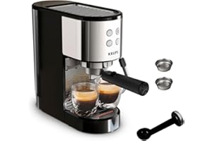 Krups Virtuoso Essential - Cafetera espresso 15 bar, acero inox negro, diseño compacto y elegante, parada automática, espresso y cappuccino, Thermoblock, boquilla de vapor, incluye cuchara, XP4418
