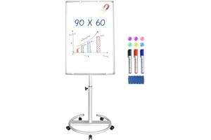 maxtek Pizarra Blanca Con Soporte, 90 X 60 cm Pizarra Caballete, Papel Para Rotafolio MóVil Con Gancho, MagnéTico Para Escribir, Altura Ajustable, 1 Borrador, 3 Marcadores Y 6 Imanes