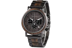 GUANKE Mens Watches Wooden Quartz Movement Stainless Steel Chronograph Date Business Casual Wristwatch for Man