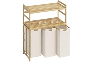 Bellamio Newa Wäschekorb 3 Fächer – Bambus Wäschesammler mit 2 Ablageflächen – 3x50 L Wäscheboxen – Wäschesortierer mit ausziehbaren & abnehmbaren Wäschesäcken in Beige – Schmutzwäschebehälter