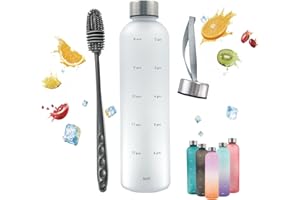 Horkos 1L Water Bottle,Motivational Time Markings,Non-Toxic BPA Free Plastic Water Bottle,Leak-Proof,1 litre Sports Bottle,1000ml Drinks Bottle for Gym,Travel,School,Cycling,Camping（White+cover+brush）