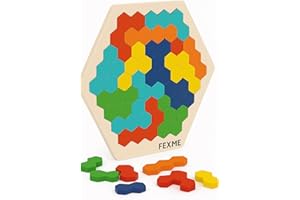 FEXME Wooden Intelligence Puzzle – Colorful Tetris‑Style Blocks on a Smooth Wooden Board (Hexagon)