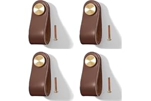 Yuaaoh Boutons de Meuble en Cuir 4 Pièces - Poignée de Tiroir, Porte de Placard, Commode Avec Vis pour Cuisine, Chambre, Salle de Bain - Trou Unique (Marron)