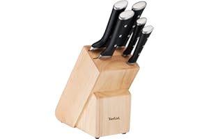 Tefal Ice Force – Bloque de 5 cuchillos: Pan 20 cm, Chef 20cm, Santoku 18 cm, Universal 11cm, Pelar 9cm | Acero Inoxidable Alemán, Tecnología Ice Force -120°C, Corte Preciso, Resistente a la Corrosión
