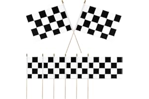 XIHIRCD 12pcs Racing Flags, 8x5.5in Checkered Car Flags on Sticks with Spear Handheld Top Black and White Flags Reusable Chequered Stick Flags for Party Cake Decorations