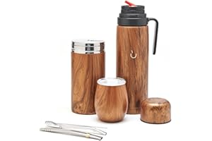 balibetov Kit de Mate Argentino - Calabaza Mate Moderna, Termo Mate, Contenedor para Yerba Mate (Yerbero), Bombilla (Sorbete) y Cepillo de limpieza - Acero inoxidable 304 18/8 (Madera)
