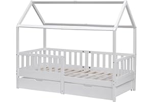 Kingwudo® Solid Pine Wood Kids Bed Frame with 2 Drawers Storage Single Bed Frame House Scandinavian style Bed Frame Children Bed for Bedroom Furniture, Mattress (WITHOUT) 90x190 (White)