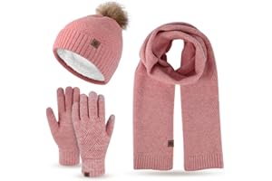MAGIMODAC Ladies Hat Scarf and Gloves Set Winter Fleece Lined Bobble Beanie Hats Thermal Long Knitted Scarves Fluffy Warm Touchscreen-Gloves