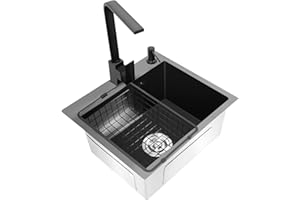 NADINEDUTOL Lavello in acciaio inox, 40 x 45 cm, nero con lavello e rubinetto, 1 lavello da incasso per 45 cm, con scolapasta e scolapasta