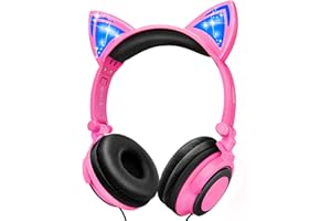LOBKIN Auriculares para niños, Orejas de Gato con luz LED, Plegables, Ligeros, con Cable de Audio de 3,5 mm para Smartphone, Tablet, iPad, portátil, Ordenador, MP3/4