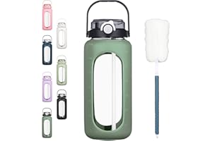 BLUEGO 2L Gourd en verre Avec paille Marqueur de temps Bouteille d'eau Motivation avec manchon en silicone 2 litres Grande carafe d'eau en Verre pour Gym, sports et entraînement, Olive