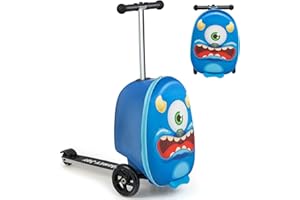 GOPLUS 2 in 1 Kinderkoffer mit Roller, 26 Zoll Reisegepäck mit Eva-Gehäuse & blinkenden LED-Rädern, Klappbarer Scooter mit einziehbarem Lenker für Kinder ab 5 Jahre alt (Monster)