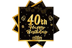 EVYIENEN 40 Stück Schwarz Servietten Geburtstag,40 geburtstag Schwarz Gold Papier Party Servietten 33 x 33cm Papierservietten für Mann Frau Mädchen Geburtstag Party Deko