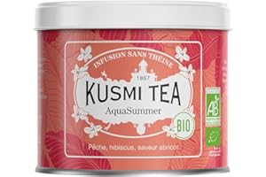 Kusmi Tea - AquaSummer - Infusion Bio - Mélange d'Hibiscus et de Fruit Saveur Pêche et Abricot - À Déguster Chaud ou en Thé Glacé - Infusion sans Théine - Boîte Thé Métal 100g pour environ 50 Tasses