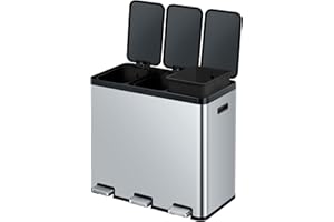 EKO | Cubo de Basura Reciclaje 60L con 3 Compartimentos de 20L | Papelera Cocina Acero Inox Antihuella con Pedales Independientes, Cubetas Extraíbles, Cierre Suave y Diseño Elegante