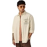 The Souled Store Cotton-Linen: Safar Men and Boys Long Sleeve Spread Collar Button Front Beige Embroidered Regular Fit Cotton
