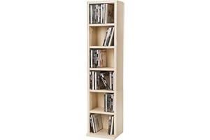 TecTake® CD Storage Unit in Wooden Look with 6 Adjustable Shelves, Versatile Bookcase for CDs, DVDs, Books, Video Games, Compact & Sturdy Shelving Unit for Living Room, Bedroom & Hallway - Light Wood