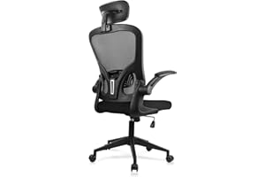JAJALUYA Office Chair Mesh Computer Chair with Adjustable Headrest and Lumbar Support Desk Chair Ergonomic Office Chair with Flip-up Armrest for Home Office Study (Black)