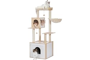 PAWZ Road Nowoczesna drewniana wieża dla kota z szafką do przechowywania, obudowa i przestronne mieszkanie dla kota, duży grzęda i hamak, sizalowe słupki drapiące dla kotów, beżowe