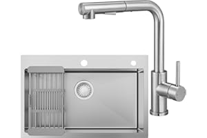 Anycee Évier Cuisine 70×45 cm en Acier Inoxydable Brossé Avec Ensemble Robinetterie Cuisine Extractible, Évier avec Dispositif D'Écoulement Pour Cuisine