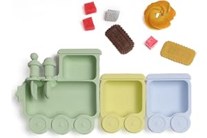 NOHLERLIFE Baby Suction Silicone, 5 Piece Baby Feeding Set - Non Slip Unique Trains Toddler Plates with Fork Spoon, Kids Baby Weaning Plate for No More Meal Time Mess, BPA Free (Style 2)