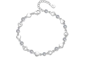 FANTASYON Sterling Silver 925 Love Heart Bracelet - Shiny Crystal Diamond Adjustable Charm Bracelet for Women & Girls