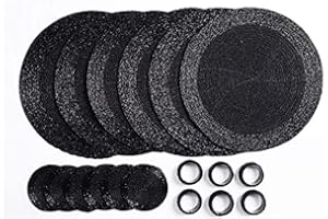 Penguin Home Handcrafted Glass Beaded Round Placemats, Coasters & Napkin Rings Set of 18 - Handmade Table Place Mats for Dining - 32 cm (13") Diameter (Black)