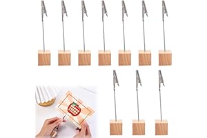 KARELLS Memo Clip Holder, 10PCS Alligator Clips with Wooden Base, Picture Holder with Clips, Crocodile Memo Clip for Craft Photo Card, Stand Wooden Card Table, Shop Display Price Tag