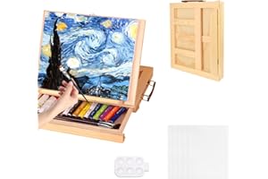 SIYINGSAERY Cavalletto da Tavolo per Dipingere Cavalletto Pittura da Tavolo Cavalletto a Scatola Cassetta e Cavalletto da Tavolo Valigetta Legno Pittore con 5 Pannelli di Tela e 1 Tavolozza Colori