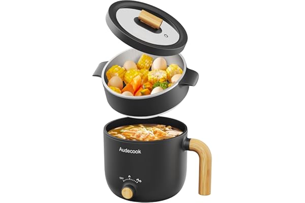 Audecook Hot Pot électrique avec Cuiseur à Vapeur, 1.5L Portable PoêLe Multifonction, Parfait Pour Nouilles/PâTes/œUfs/Soupe/Steak (Noir)
