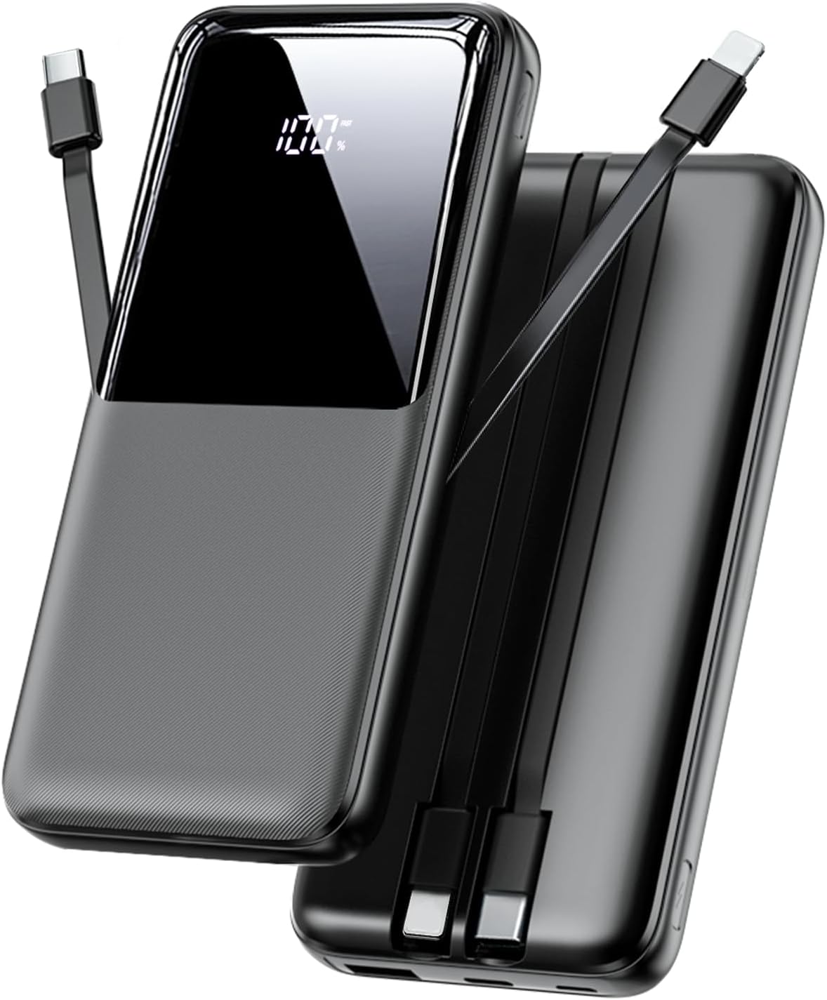 Power Bank Fast Charging, 15000mAh Portable Charger with Built-in Cables, USB-C Powerbank with LED Display & 4 Outputs, Battery Pack Compatible with iPhone 17 16 15 14 13 Android and more, Black
