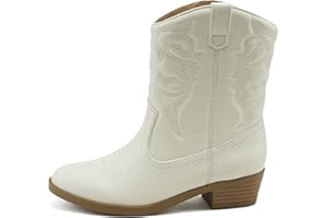 Soda RENO-2 Kids/Girls/Children Western Cowboy Stitched Pointe Toe Low Heel Ankle Mid Shaft Fashion Boots, White Pu, 4 Big Kid