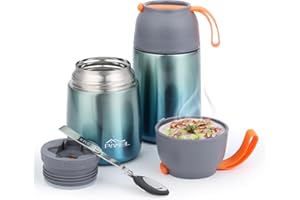 PAMEIL Contenitore Termico per Alimenti Caldi, Set da 2 Pezzi, 650 ml + 450 ml,Thermos Alimenti Caldi di Acciaio Inossidabile con Un Cucchiaio Pieghevole per Zuppa, Porridge, Riso, Frutta