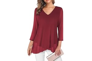 Adigaber Camisas para Mujer Elegante Manga 3/4 y Cuello en V Blusa Suelta Sólidos Estampadas Casual Gasa Shirt