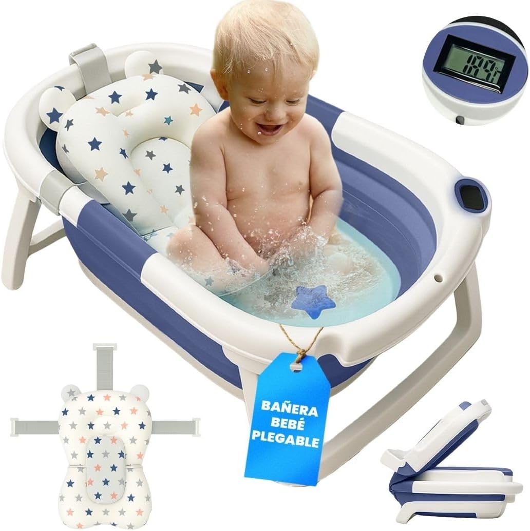 BAÑERA PLEGABLE BEBÉ 5 EN 1 Termómetro + Cojín Protector + Patas Antideslizantes + Tapón de Seguridad | Bebé Recién Nacido | Diseño Plegable en 2 | Fácil de Guardar y Transportar (Azul)