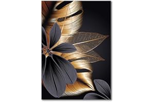 OYFFL Noir feuille d'or toile peinture plante affiche impression moderne décor à la maison abstrait mur Art peinture nordique salon décoration photo (2,30 * 40cm Sans cadre)