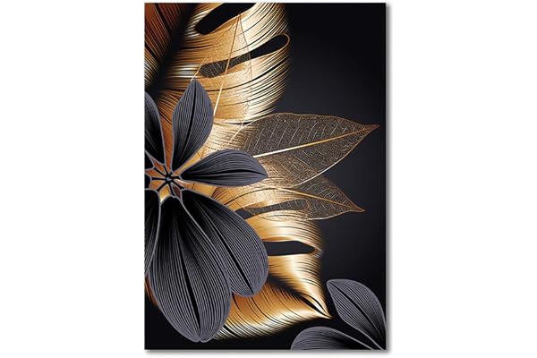 OYFFL Noir Feuille d'or Toile Peinture Plante Affiche Impression Moderne décor à la Maison Abstrait Mur Art Peinture Nordique Salon décoration Photo (2,30 * 40cm sans Cadre)
