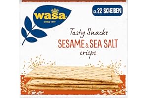 ‎WASA Wasa Tasty Snacks Crisps Sesam & Meersalz 190g | Extra dünner Knäckebrot-Snack mit Sesamsamen und Meersalz, 2 Packs, Ideal zum Snacken