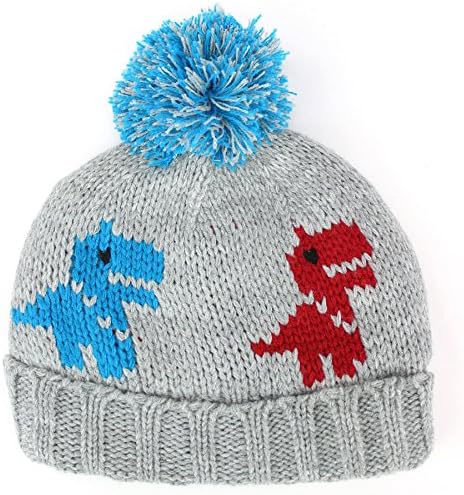 Jiglz chunky knit bobble beanie hat with dinosaur design and fleece lining - Grey