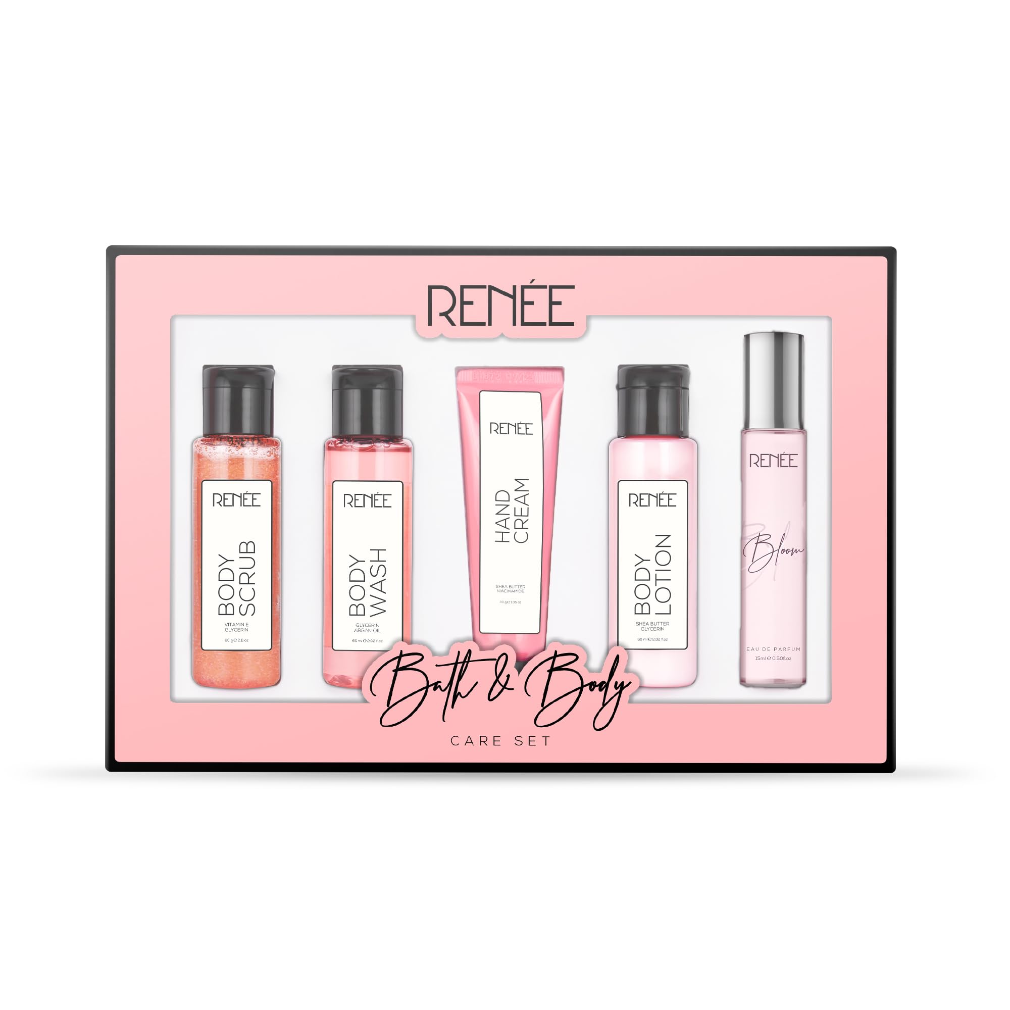 RENEE Bath & Body Care Set - Luxurious Body Wash, Exfoliating Scrub, Hydrating Lotion, Hand Cream & Signature Perfume - Premi