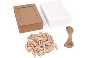 EWTSHOP Ramki z papieru typu kraft, 25 białych i 25 brązowych ramek na zdjęcia z kartonu, sznurek, mini klamerki, „zrób to sam”, kolaż do samodzielnego ozdobienia, 50 sztuk