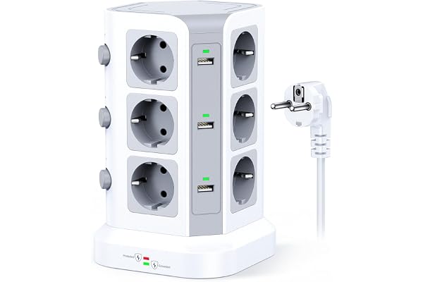 KOOSLA Tour multiprise parafoudre et surtension(4000W/16A), Multiprise Electrique avec 6 Ports USB et 12 Prises, multiprise avec et 3 Interrupteurs, 2M Cordon, Blanc