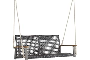 ‎COSTWAY COSTWAY Schaukelbank 2-Sitzer, Hängebank PE-Rattan, Gartenschaukel zum Aufhängen, Hollywoodschaukel mit Akazienholz-Armlehnen, 360 kg Belastbarkeit, Schaukel für Terrasse & Garten & Balkon