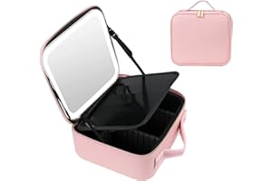 PEALOV Maletin Maquillaje con Espejo,con 3 Luces de Relleno de Color,Bolso Cosmético De Cuero PU,con Compartimento Divisores Extraíble,Bolsa De Maquillaje con Organizador De Cepillos(Rosa)