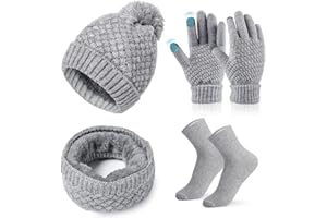 COYBTO Cappello Guanti Sciarpa Invernale Donna,Termiche Touch Screen Cappello Calzini Ispessiti,Set Regalo Berretto Sci Caldo Lavorato Maglia Spessa per Donna Sport All'Aria Aperta Invernali Set 4 in 1