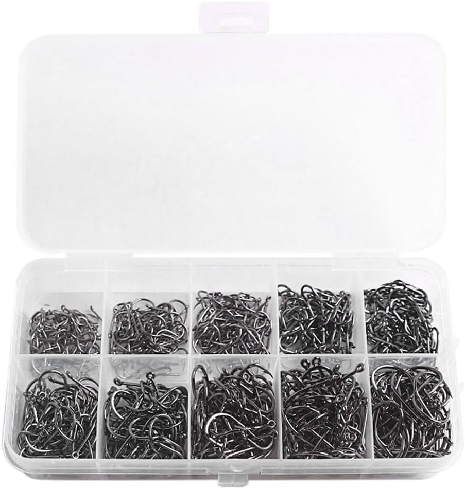KGDUYC Anzuelos de Pesca, 600 PCS Anzuelos de Pesca en 10 Tamaños, Anzuelos de Púas, Pesca Gancho de Acero al Carbono con Caja de Plástico, 3# - 12#