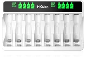 HiQuick LCD 8-slot Battery Charger for AA & AAA Rechargeable Batteries, Type C and Micro USB Input, 5V 2A Fast Charging Function, Intelligent Battery Detection Technology, AA AAA Battery Charger
